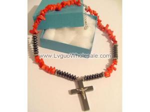 Silver Jesus Hematite Cross Pendant Semi precious Stone Beads Choker Necklace